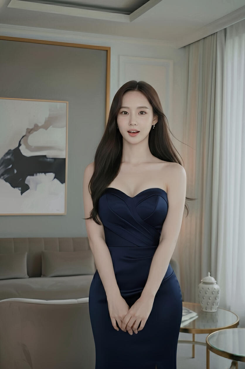 A refined portrait of a woman in a long white lace dress standing in a softly lit manor-style interior with classic bookshelves, fireplace, and elegant furnishings, expressing calm elegance and quiet authority.