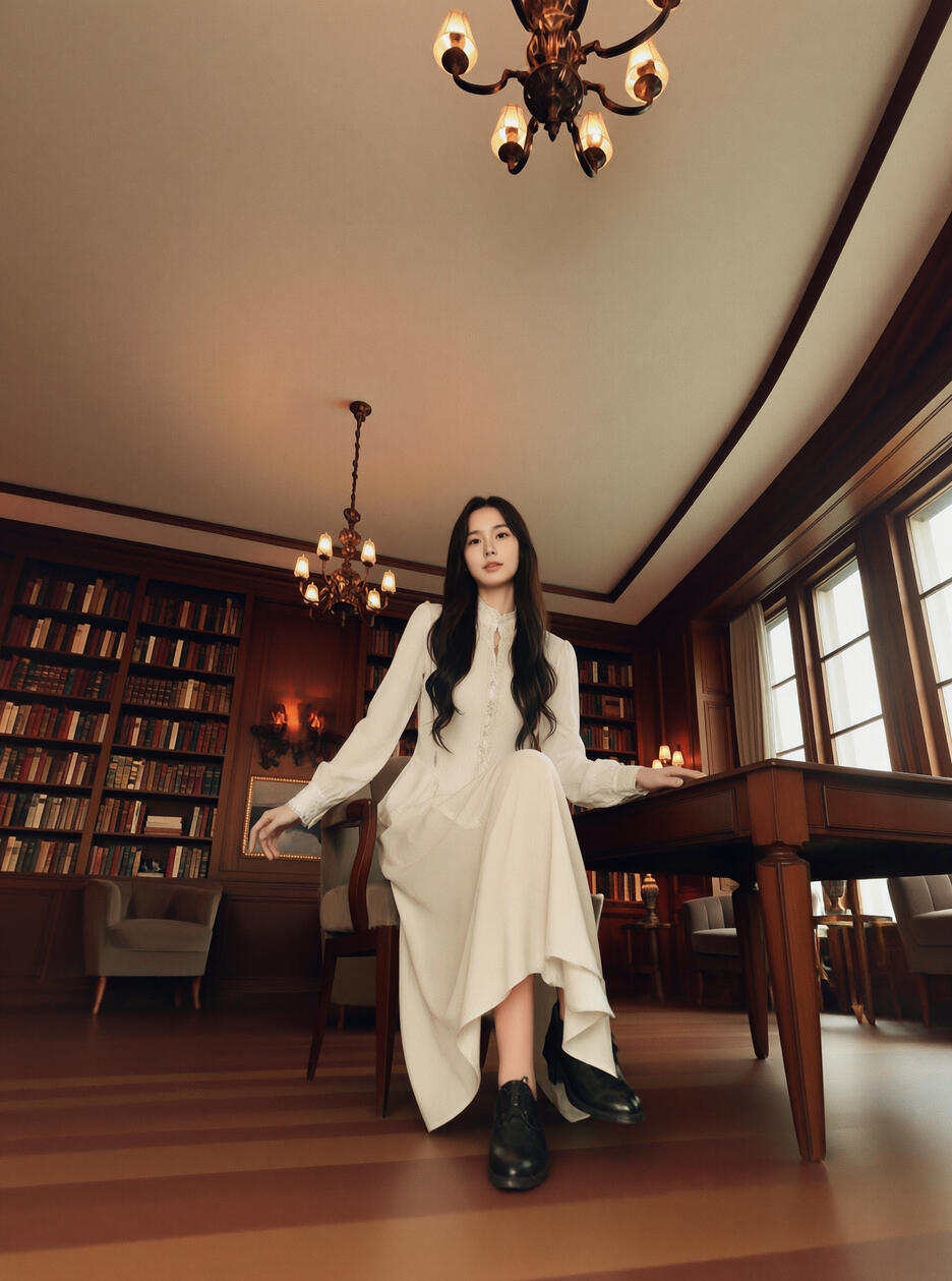 Luxury editorial portrait inspired by magical library aesthetics, featuring a serene reading scene in soft natural light and cinematic atmosphere.