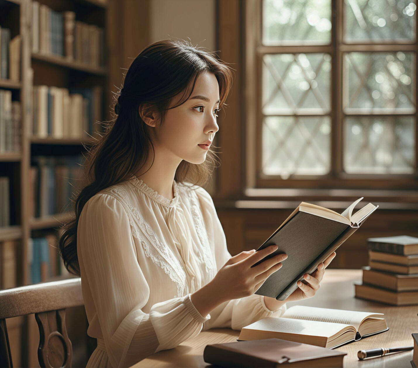 Luxury editorial portrait inspired by magical library aesthetics, featuring a serene reading scene in soft natural light and cinematic atmosphere.