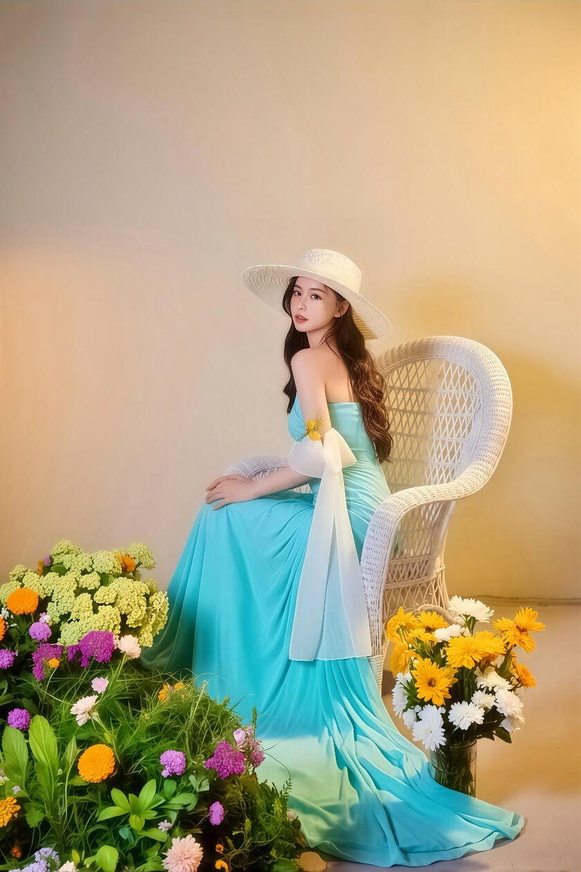 一位女性站在被繁花環繞的場景中，花朵層層綻放，營造出夢幻而優雅的氛圍，整體畫面呈現柔和光影與高端藝術感。 A woman stands surrounded by abundant blooming flowers, creating a dreamy and elegant atmosphere with soft lighting and a refined artistic aesthetic.