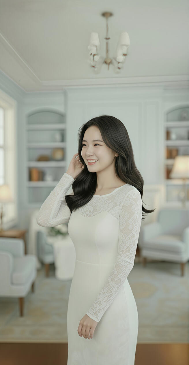 A refined portrait of a woman in a long white lace dress standing in a softly lit manor-style interior with classic bookshelves, fireplace, and elegant furnishings, expressing calm elegance and quiet authority.
